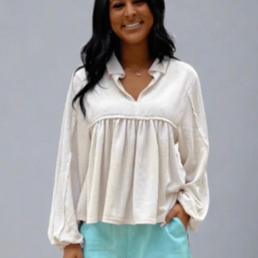 New Bucket List Cream Bubble Sleeve top size Large